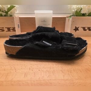 Birkenstock Arizona Shearling Sandals Black Suede Unisex Size EU 41